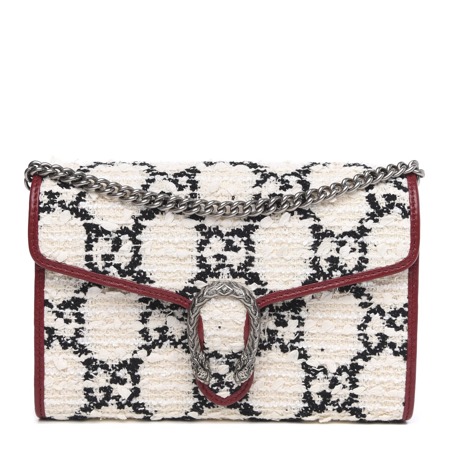 Tweed GG Monogram Mini Dionysus Chain Wallet White Black Romantic Cherry