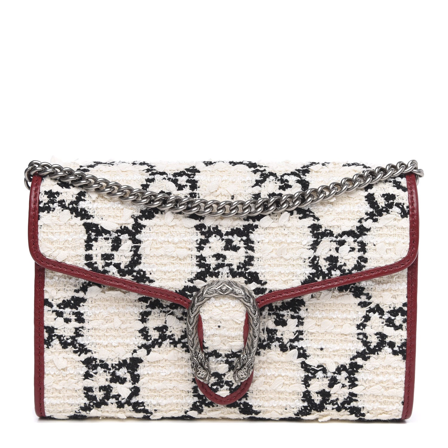 Gucci Tweed GG Monogram Mini Dionysus Chain Wallet White Black Romantic Cherry 1 of 11