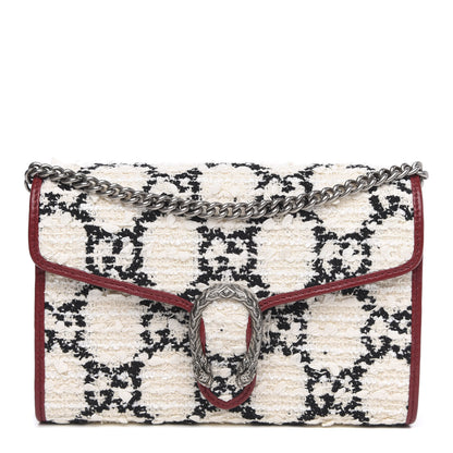 Gucci Tweed GG Monogram Mini Dionysus Chain Wallet White Black Romantic Cherry 1 of 11