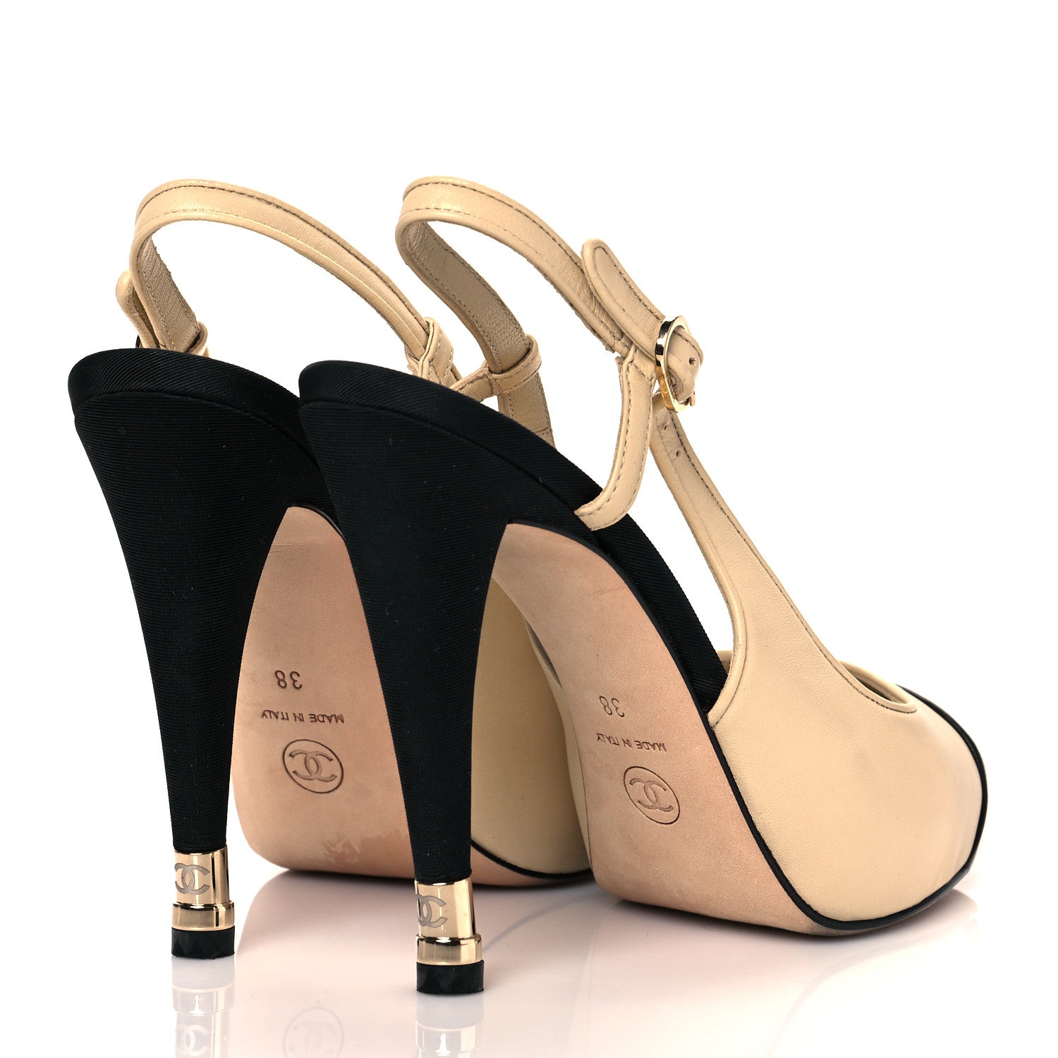 Chanel Lambskin Grosgrain Cap Toe CC Slingback Pumps 38 Beige Black 4 of 12
