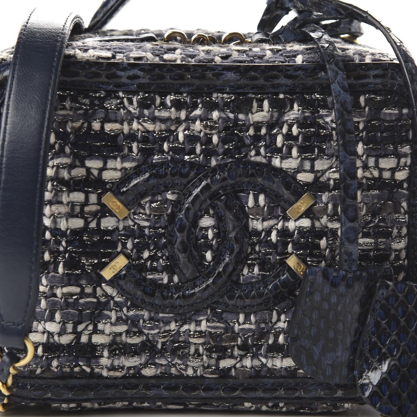 Tweed Snakeskin Quilted Small CC Filigree Vanity Case Black Ecru Silver