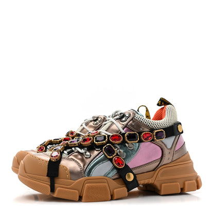 Gucci X SEGA Metallic Calfskin Mesh Removable Crystals Womens Flashtrek Sneakers 40.5 Rame Mystic White Lago 3 of 9