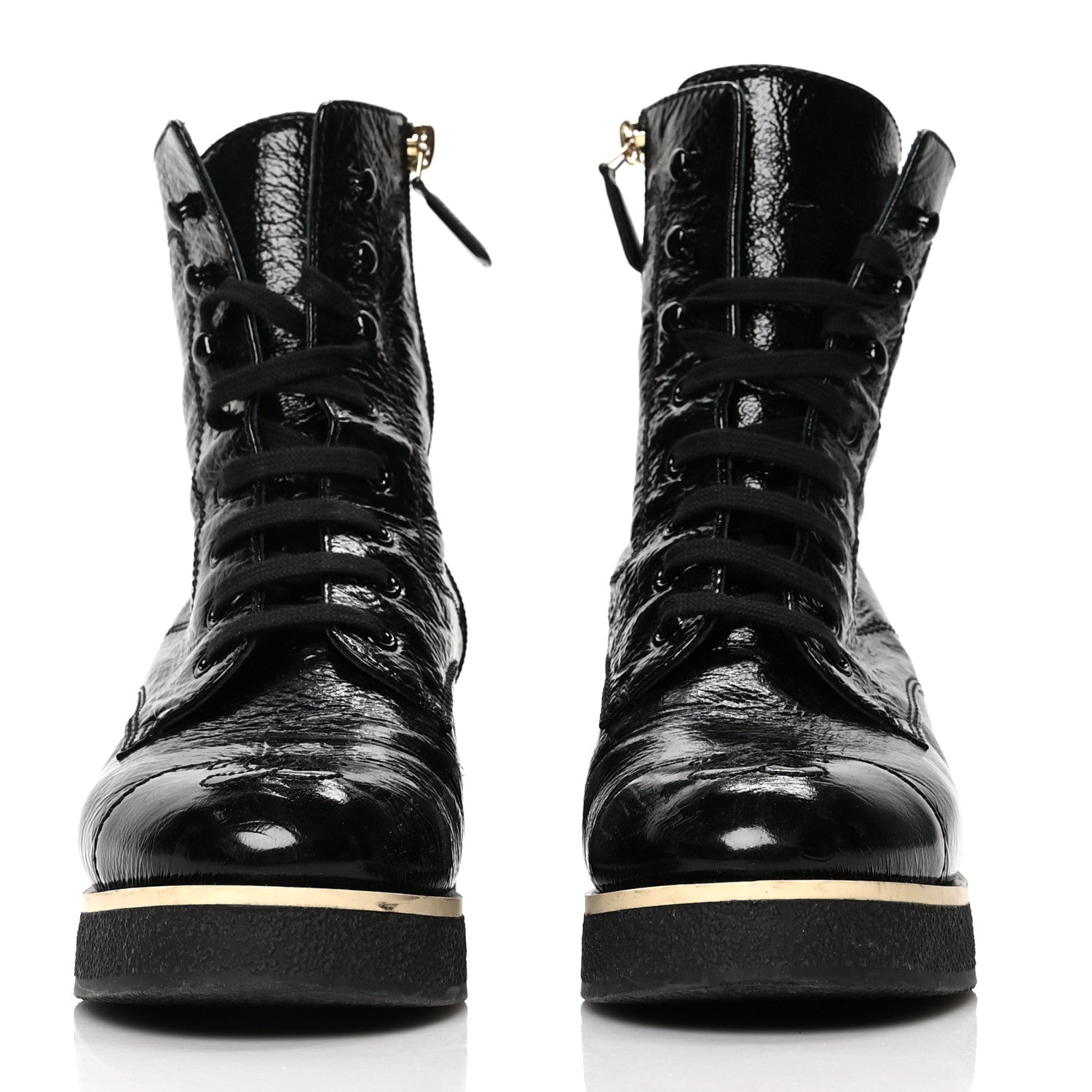 Chanel Shiny Crumpled Lambskin Lace Up Combat Boots 37.5 Black 2 of 8