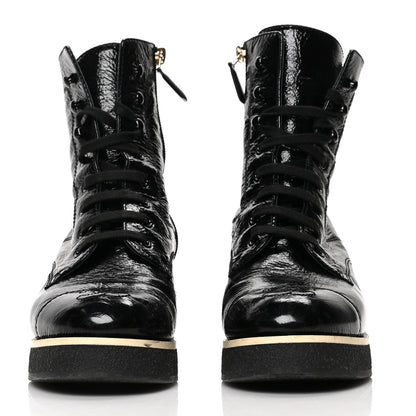 Chanel Shiny Crumpled Lambskin Lace Up Combat Boots 37.5 Black 2 of 8