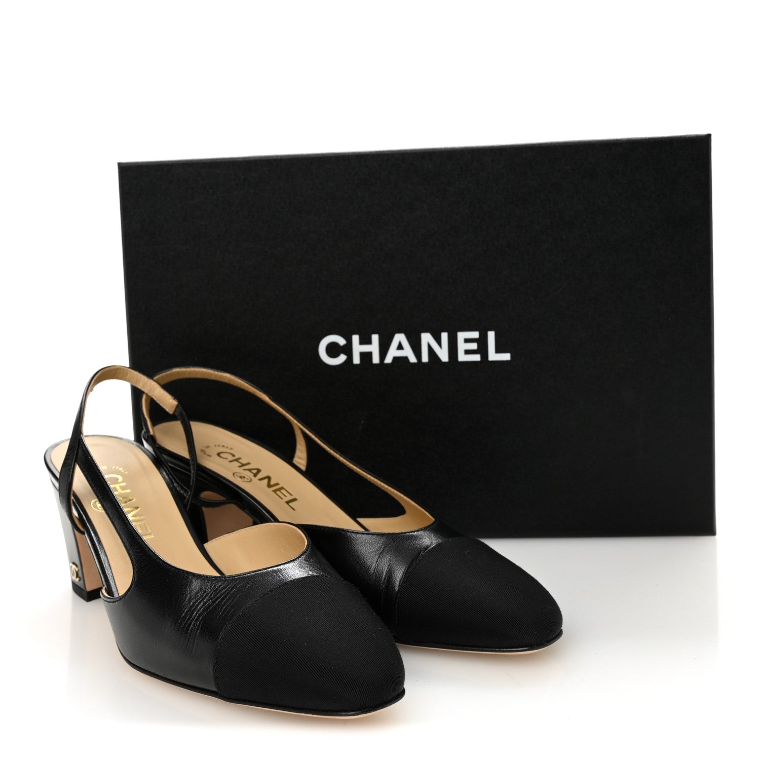 Chanel Goatskin Grosgrain Cap Toe CC Slingback Pumps 37 Black 8 of 8