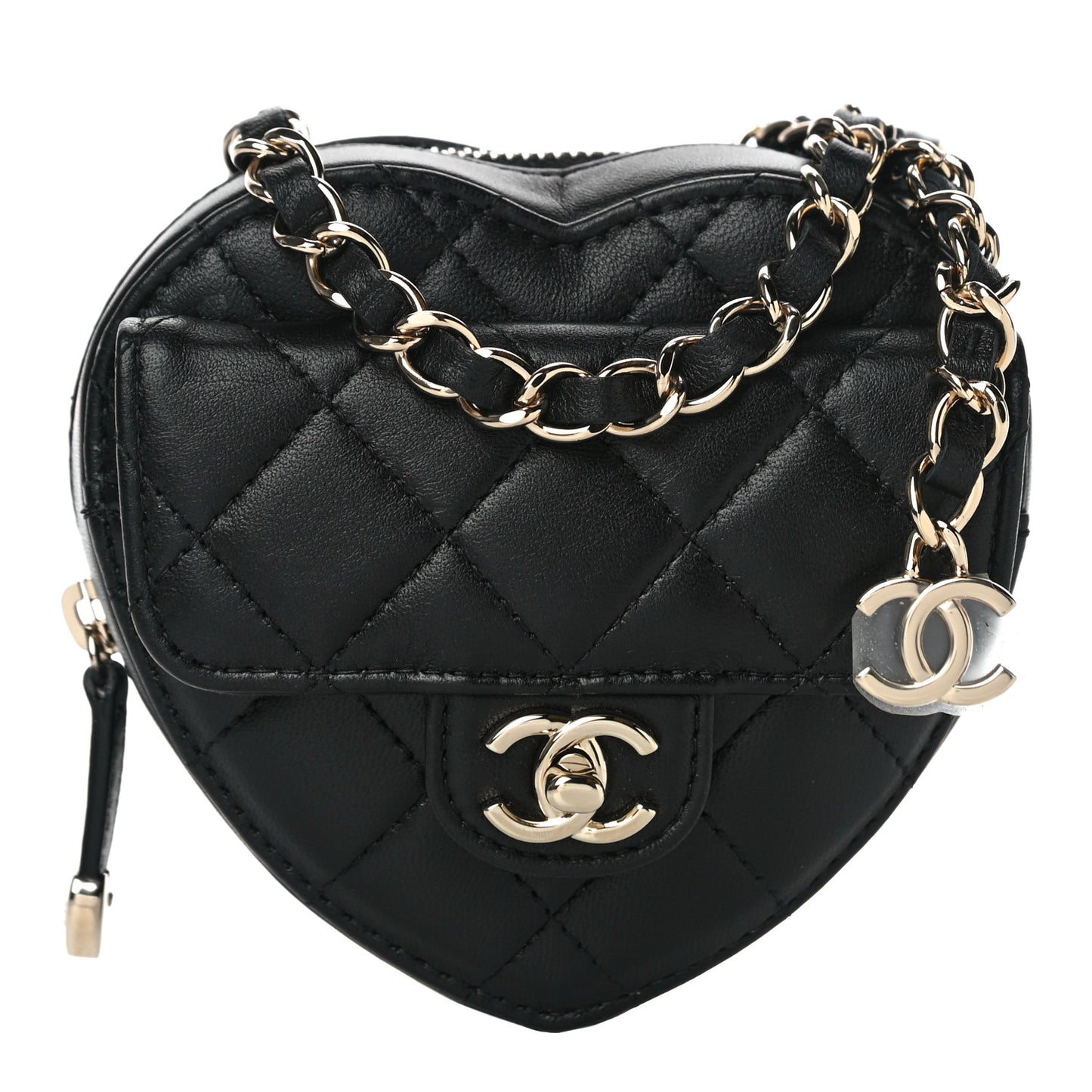 Lambskin Quilted CC In Love Heart Waist Belt Bag With Chain Black