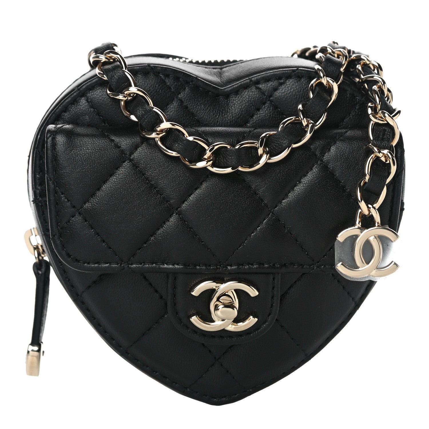 Chanel Lambskin Quilted CC In Love Heart Waist Belt Bag With Chain Black 1 of 10