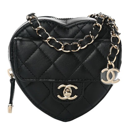 Chanel Lambskin Quilted CC In Love Heart Waist Belt Bag With Chain Black 1 of 10