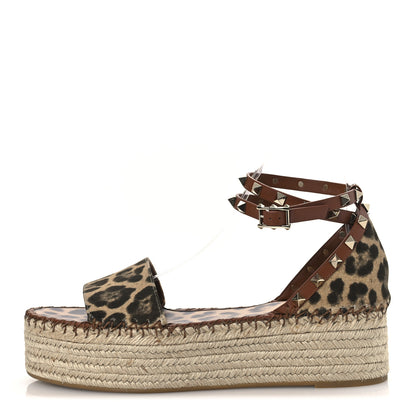 Valentino Garavani Canvas Leopard Print Rockstud Ankle Wrap Espadrille Flatform Sandals 41 Brown 1 of 13