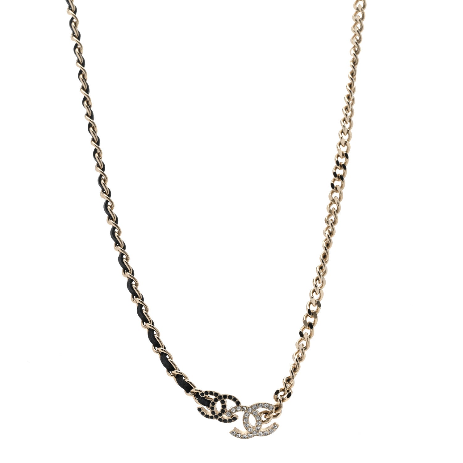 Chanel Metal Calfskin Crystal Double CC Short Necklace Black Gold 1 of 6