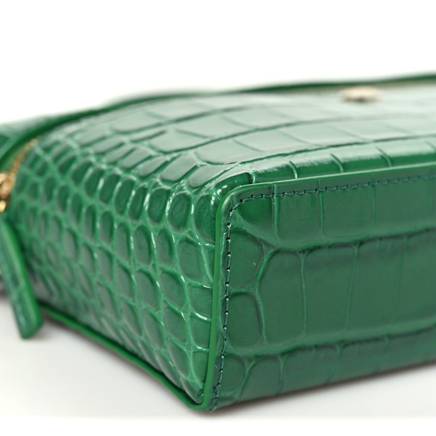 Calfskin Crocodile Embossed Crococo Top Handle Slim Vanity Case With Chain Emerald