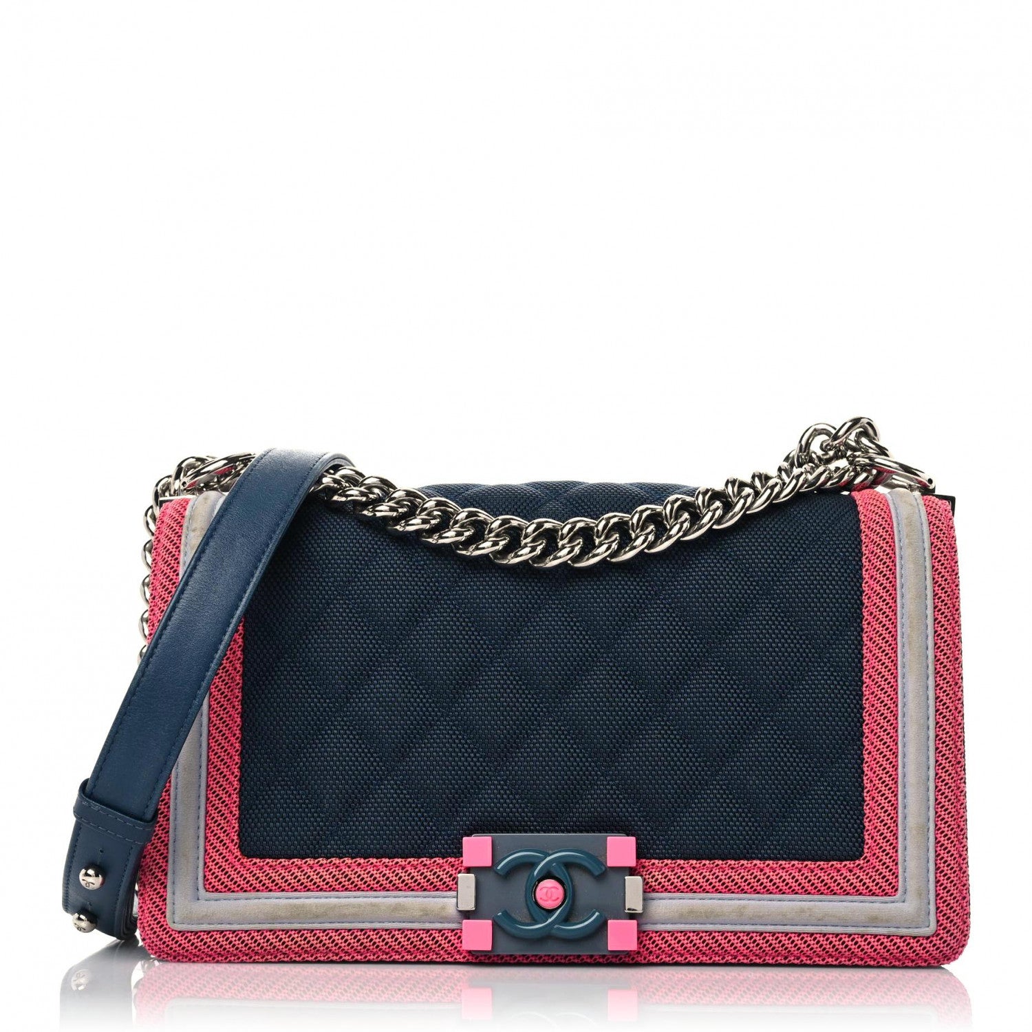 Chanel Canvas Quilted Medium Fluo Boy Flap Dark Navy Fuchsia Grey 1 of 20