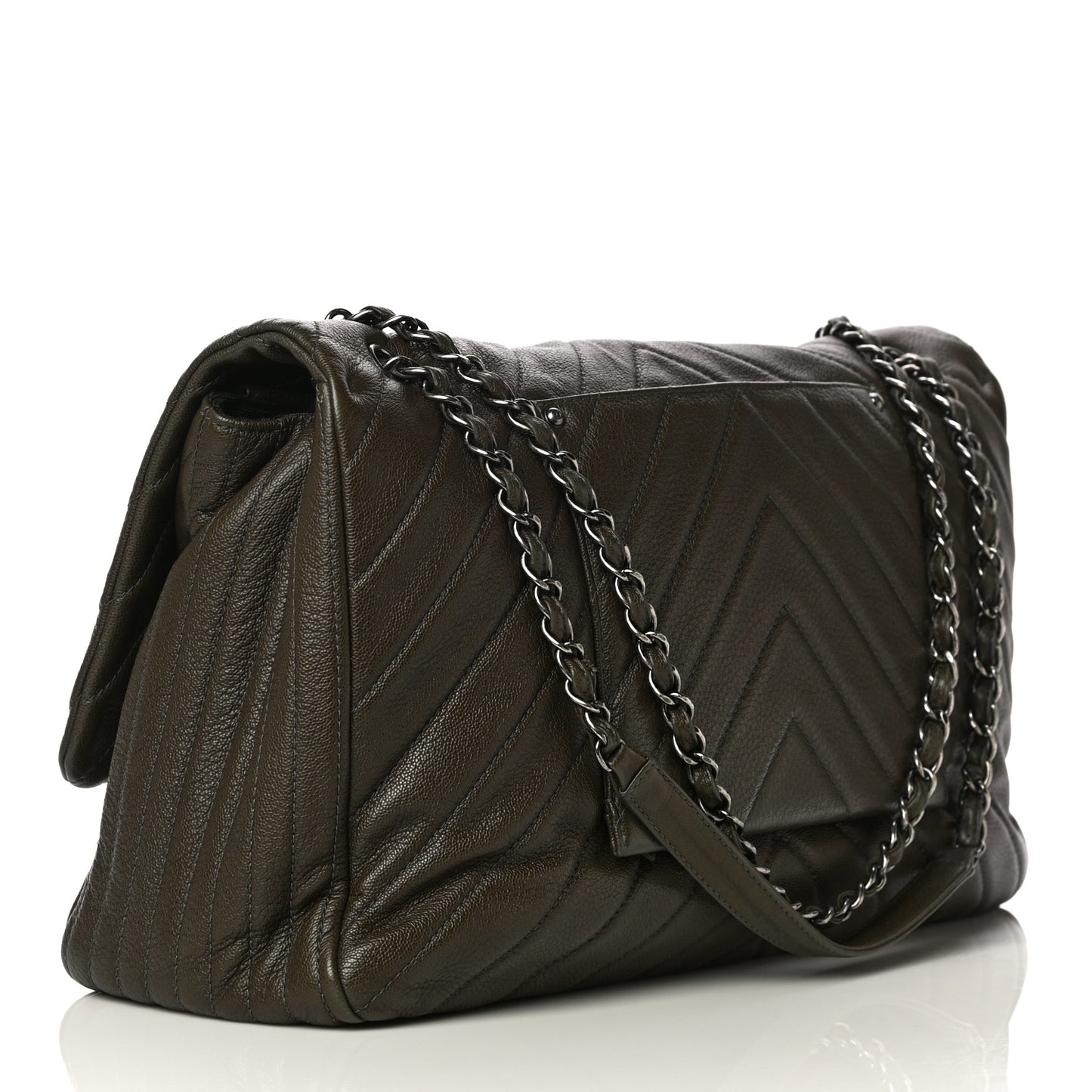 Calfskin Chevron Quilted XXL Travel Flap Bag Khaki