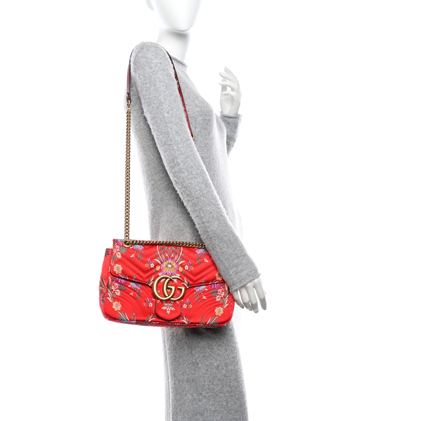 Jacquard Matelasse Floral Medium GG Marmont Shoulder Bag Red