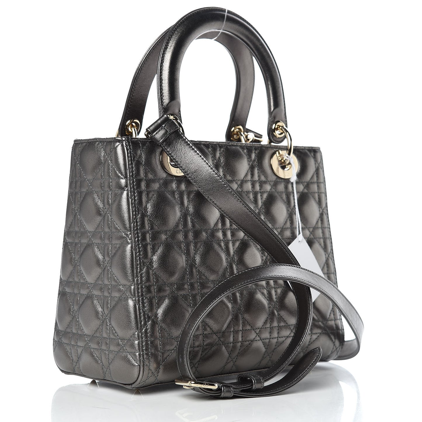 Metallic Calfskin Cannage Medium Lady Dior Gunmetal Grey