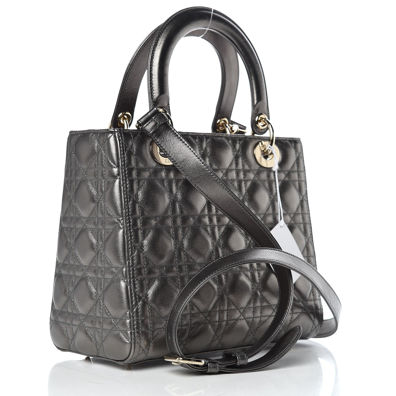 Christian Dior Metallic Calfskin Cannage Medium Lady Dior Gunmetal Grey 3 of 11