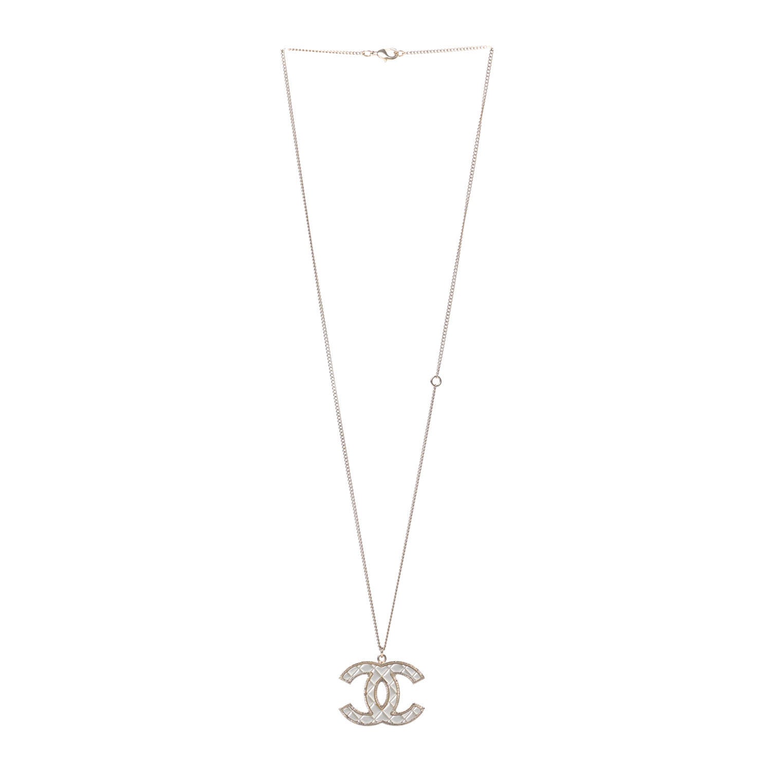 Chanel Metal Quilted CC Pendant Necklace Gold White 3 of 4
