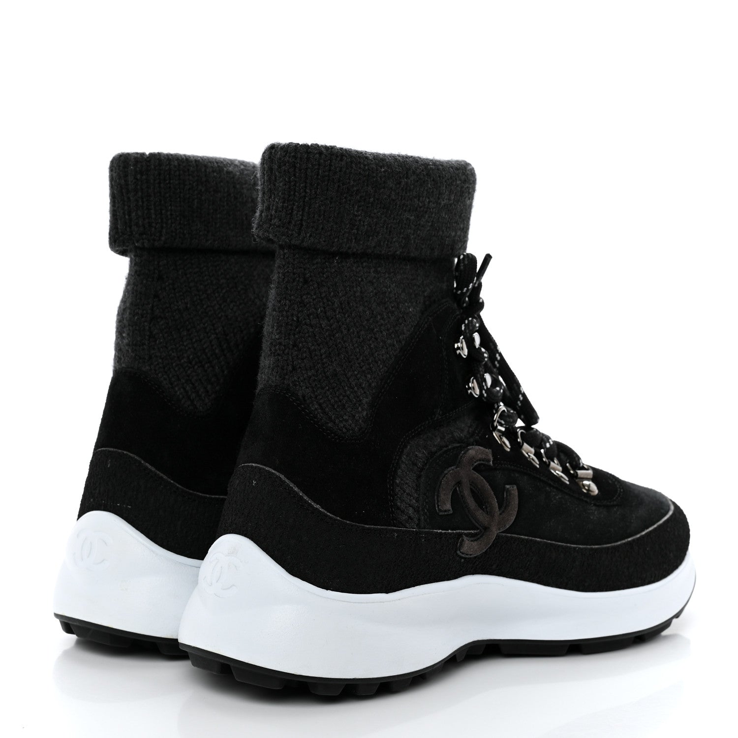 Chanel Suede Calfskin Knit CC Sneakers 40 Black Dark Gray 4 of 8