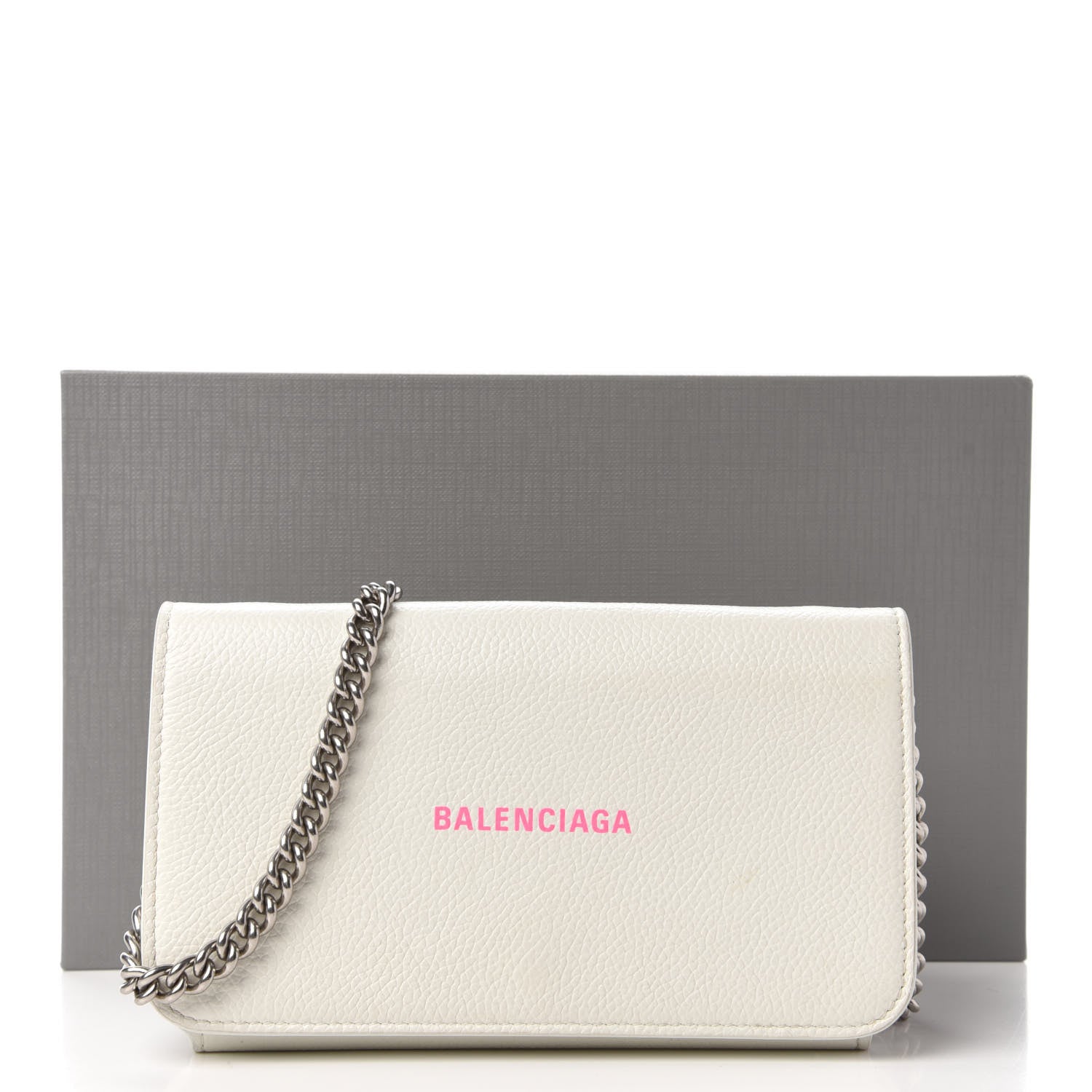Balenciaga Grained Calfskin Logo Cash Phone Holder Wallet On Chain White Fluo Pink 10 of 10