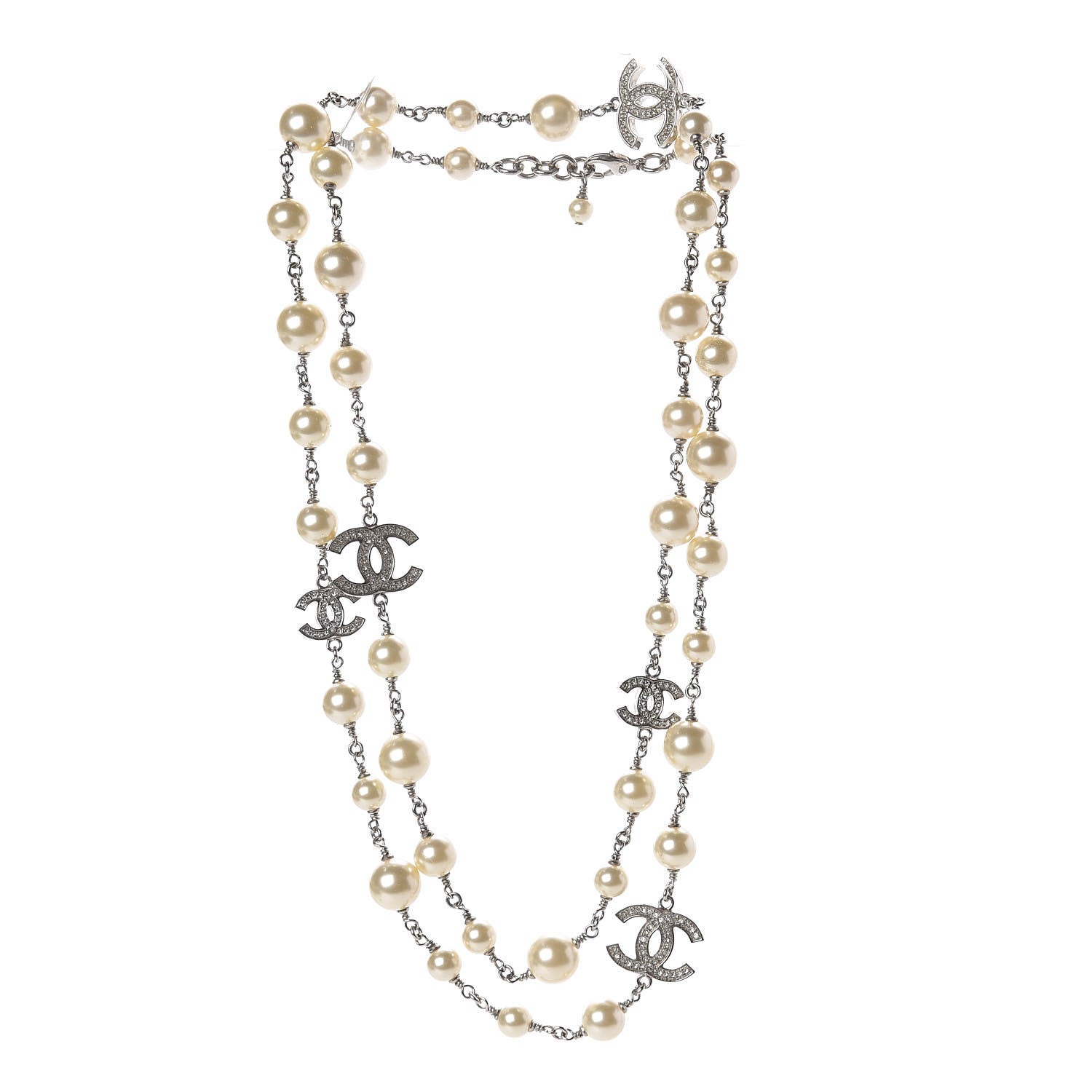 Chanel Graduated Pearl Crystal CC Long Necklace Silver 3 of 8