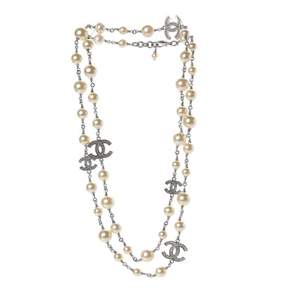 Chanel Graduated Pearl Crystal CC Long Necklace Silver 3 of 8