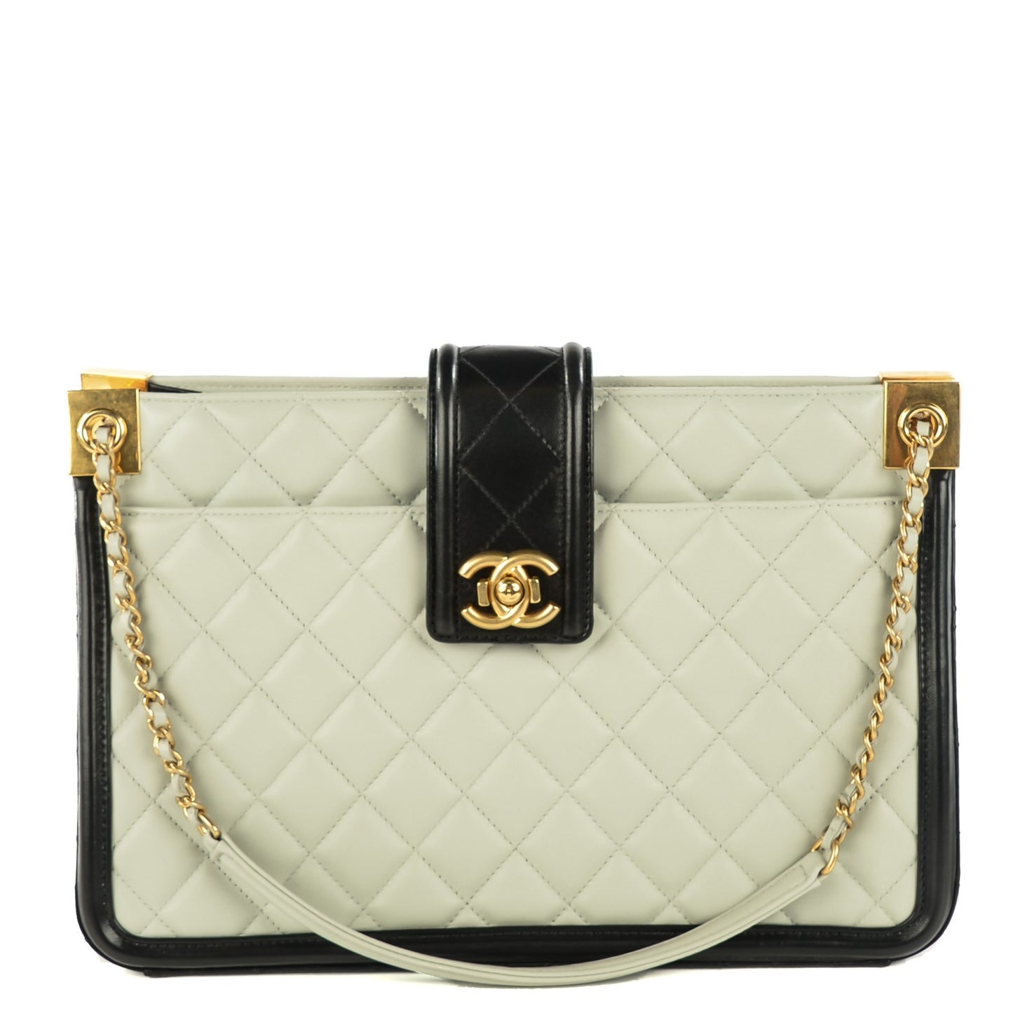 Calfskin Quilted Elegant CC Large Shopping Tote Grey Black