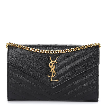 Saint Laurent Grain De Poudre Matelasse Chevron Monogram Chain Wallet Black 1 of 8