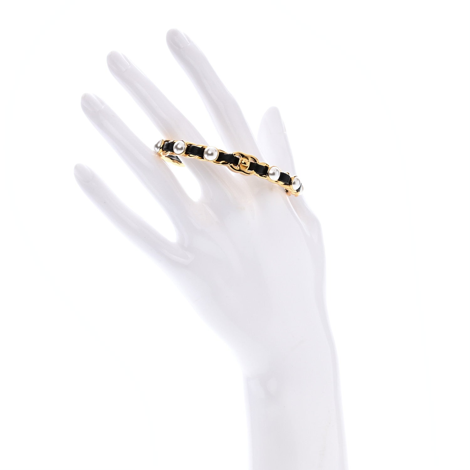 Chanel Lambskin Pearl CC Cuff Bracelet M Black Gold 2 of 5