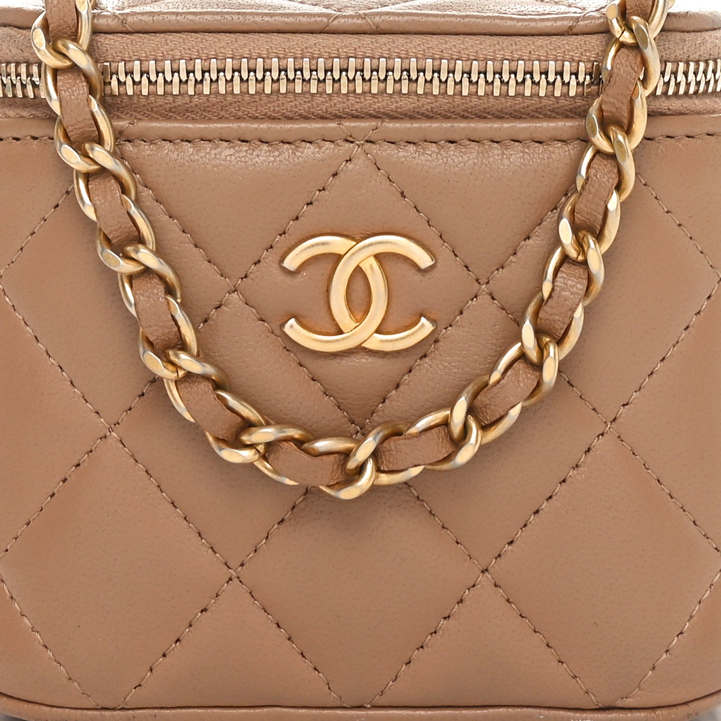 Lambskin Quilted Metal Mini Top Handle Vanity Case With Chain Beige
