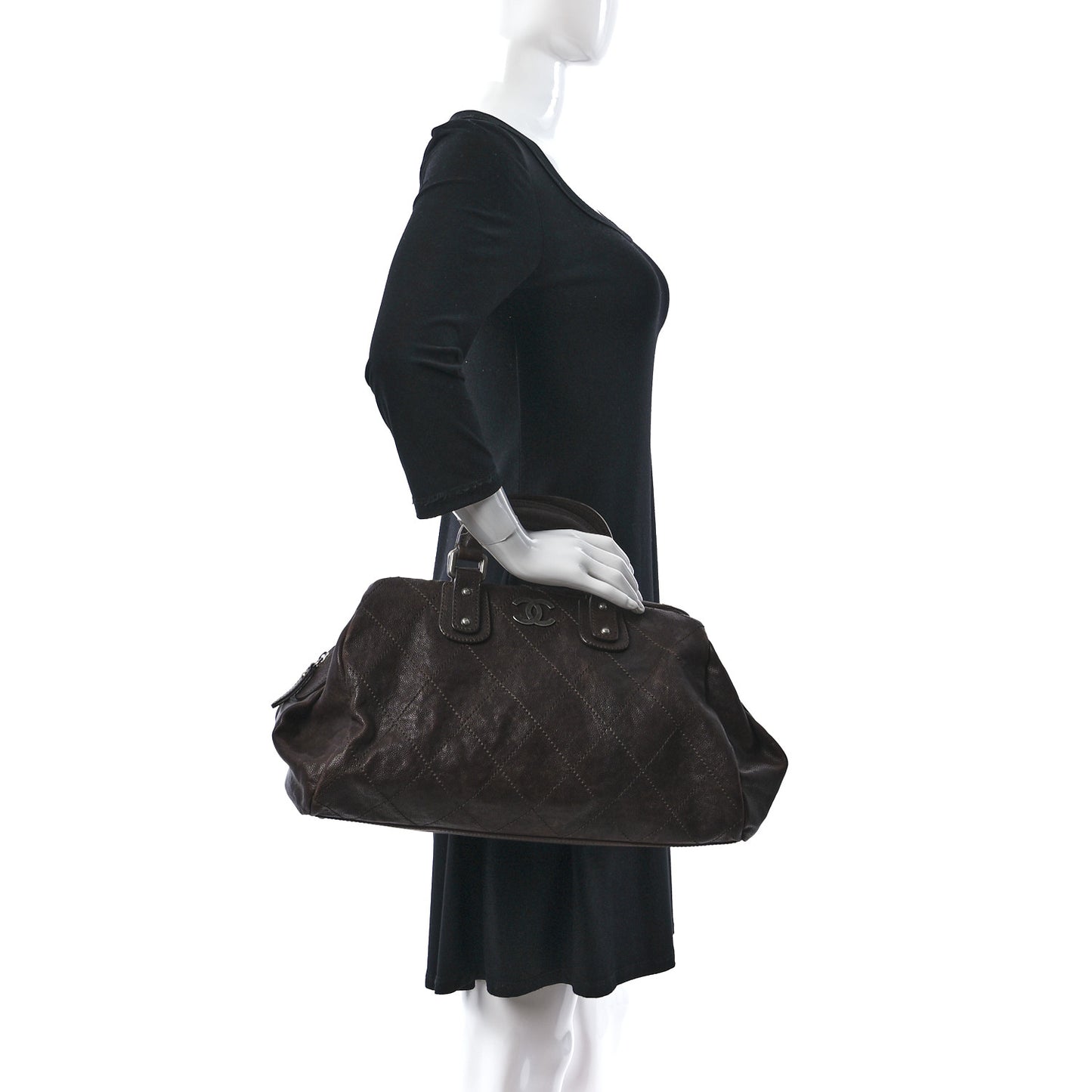 Caviar Quilted Bowler Tote Brown