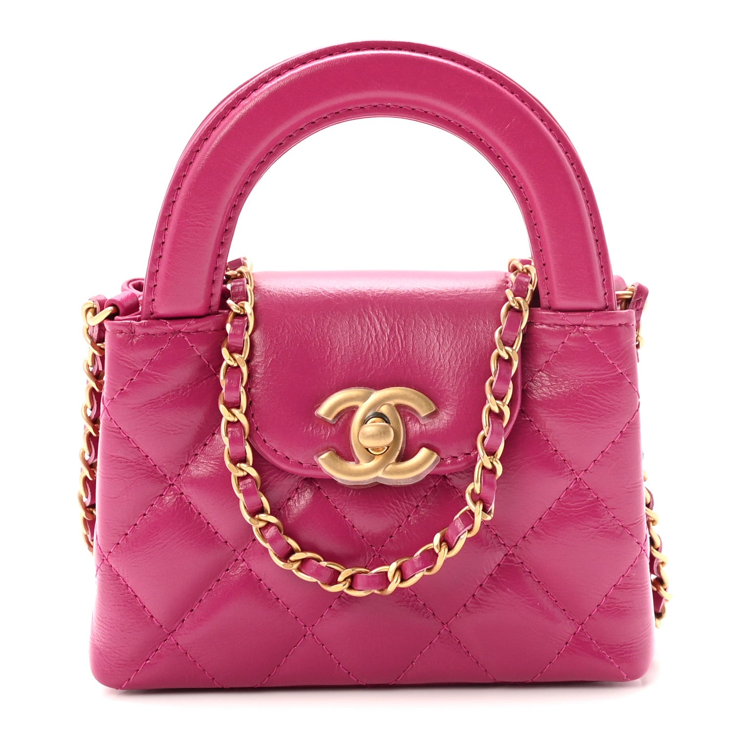 Chanel Shiny Aged Calfskin Quilted Mini Nano Kelly Shopper Dark Pink 1 of 11