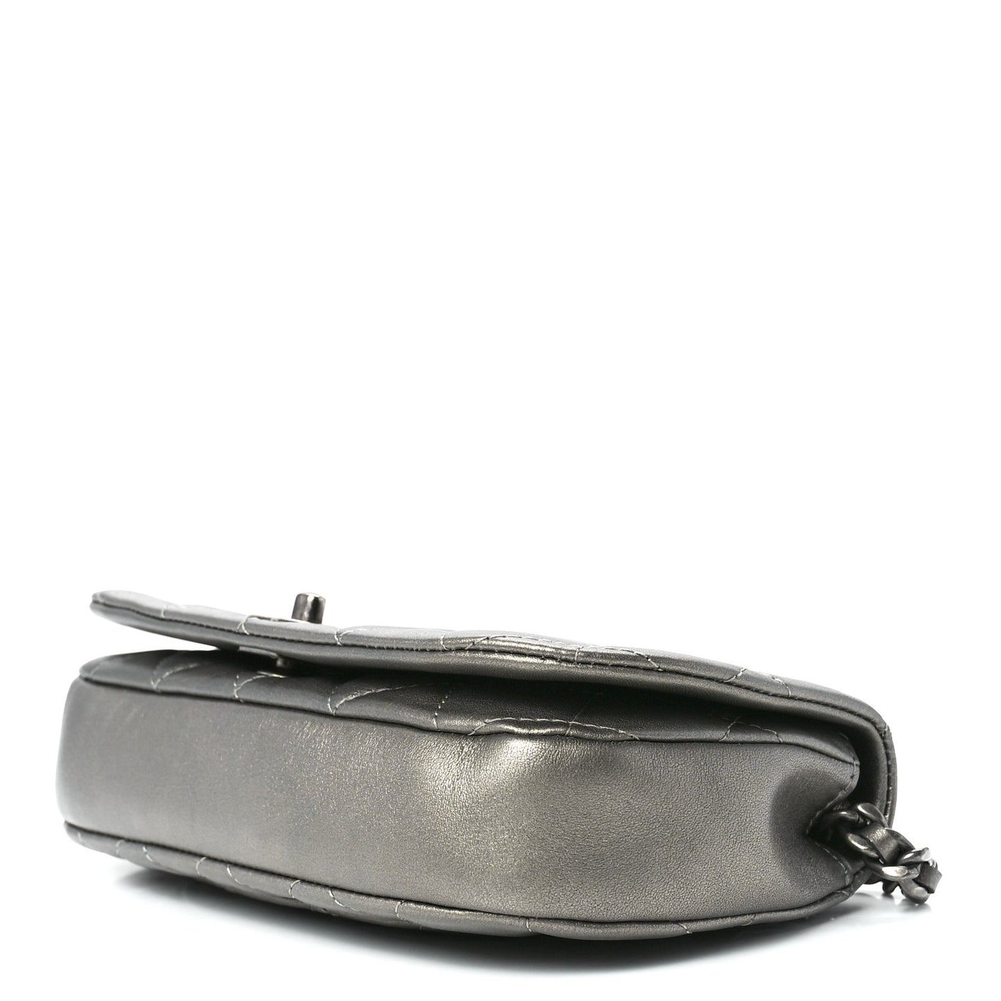 Metallic Calfskin Quilted Flap Clutch With Chain Ruthenium