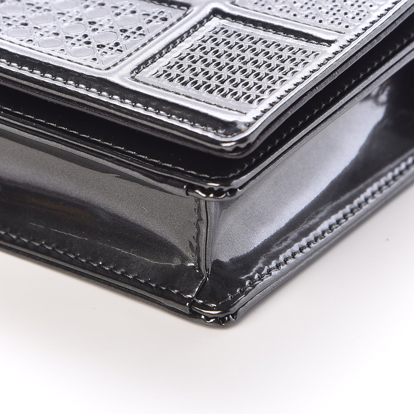 Metallic Patent Micro-Cannage Diorama Wallet on Chain Pouch Onyx Black