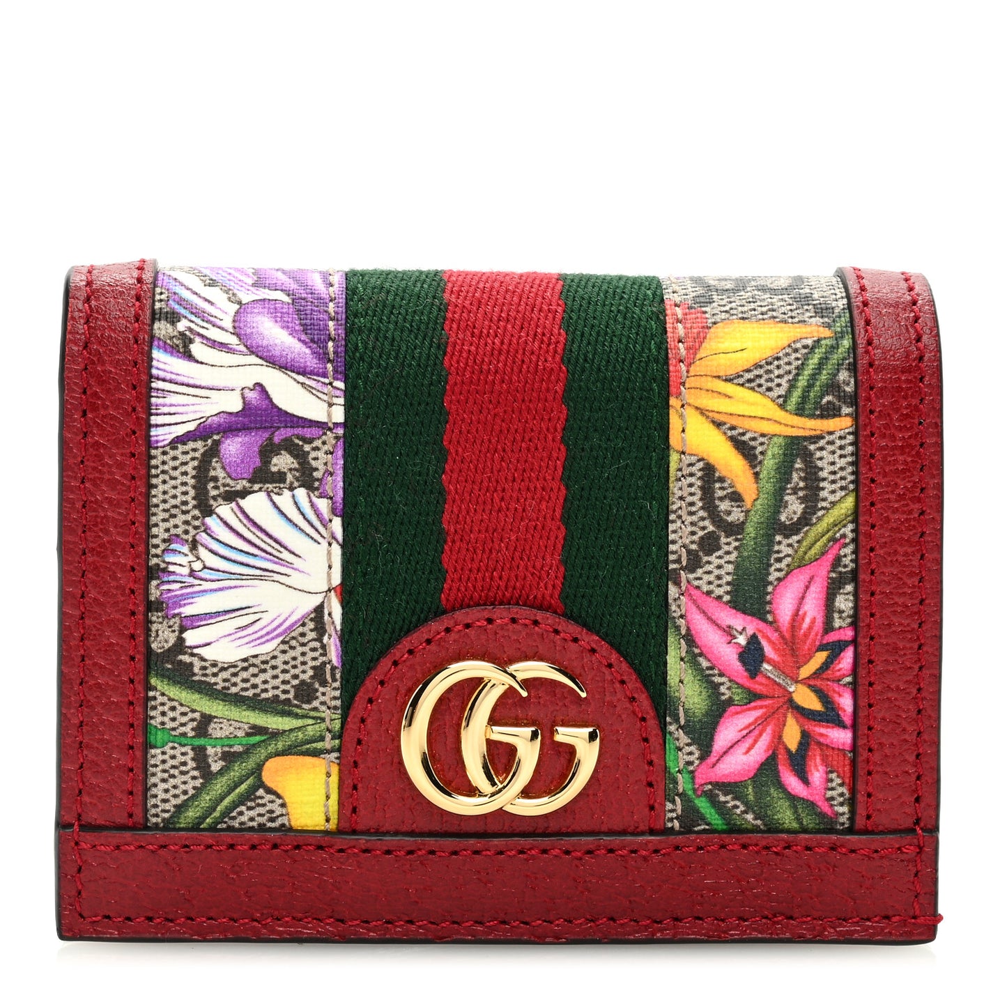 GG Supreme Monogram Flora Web Ophidia Card Case Red