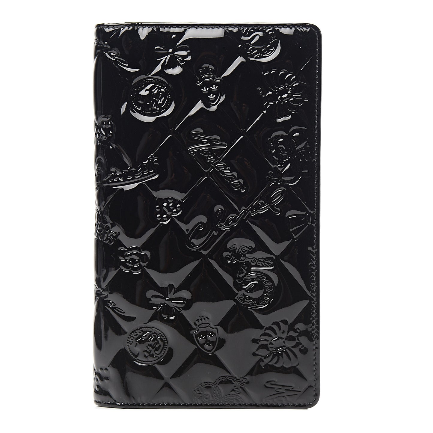 Patent Calfskin Lucky Symbols Yen Wallet Black