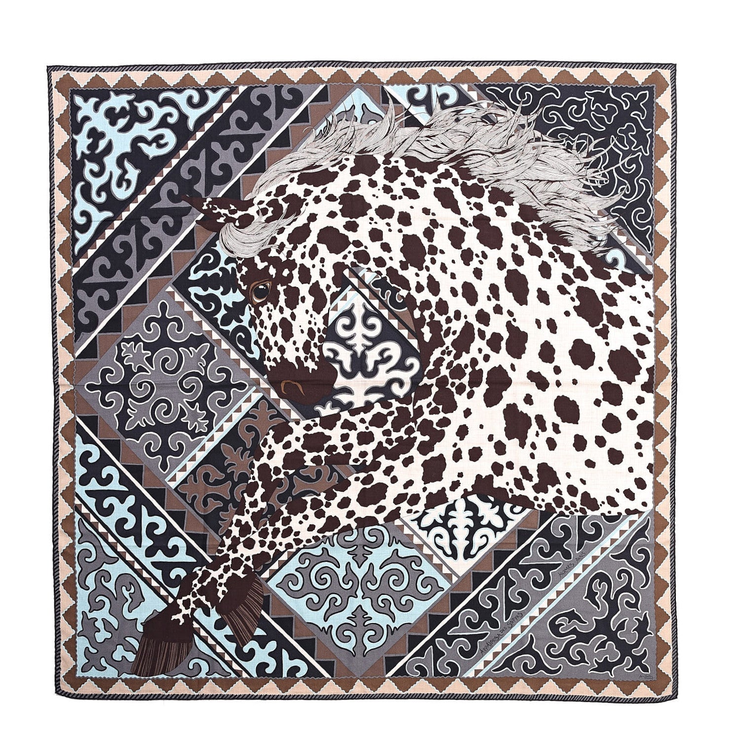 Hermes Cashmere Silk Appaloosa Des Steppes Shawl 140 Naturel Marron Ciel 1 of 7