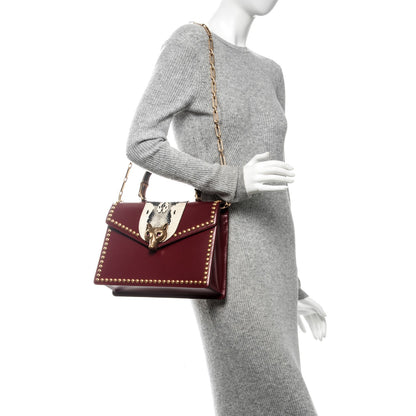 Gucci Glossy Calfskin Snakeskin Studded Fox Broche Bamboo Top Handle Bag Red 2 of 7