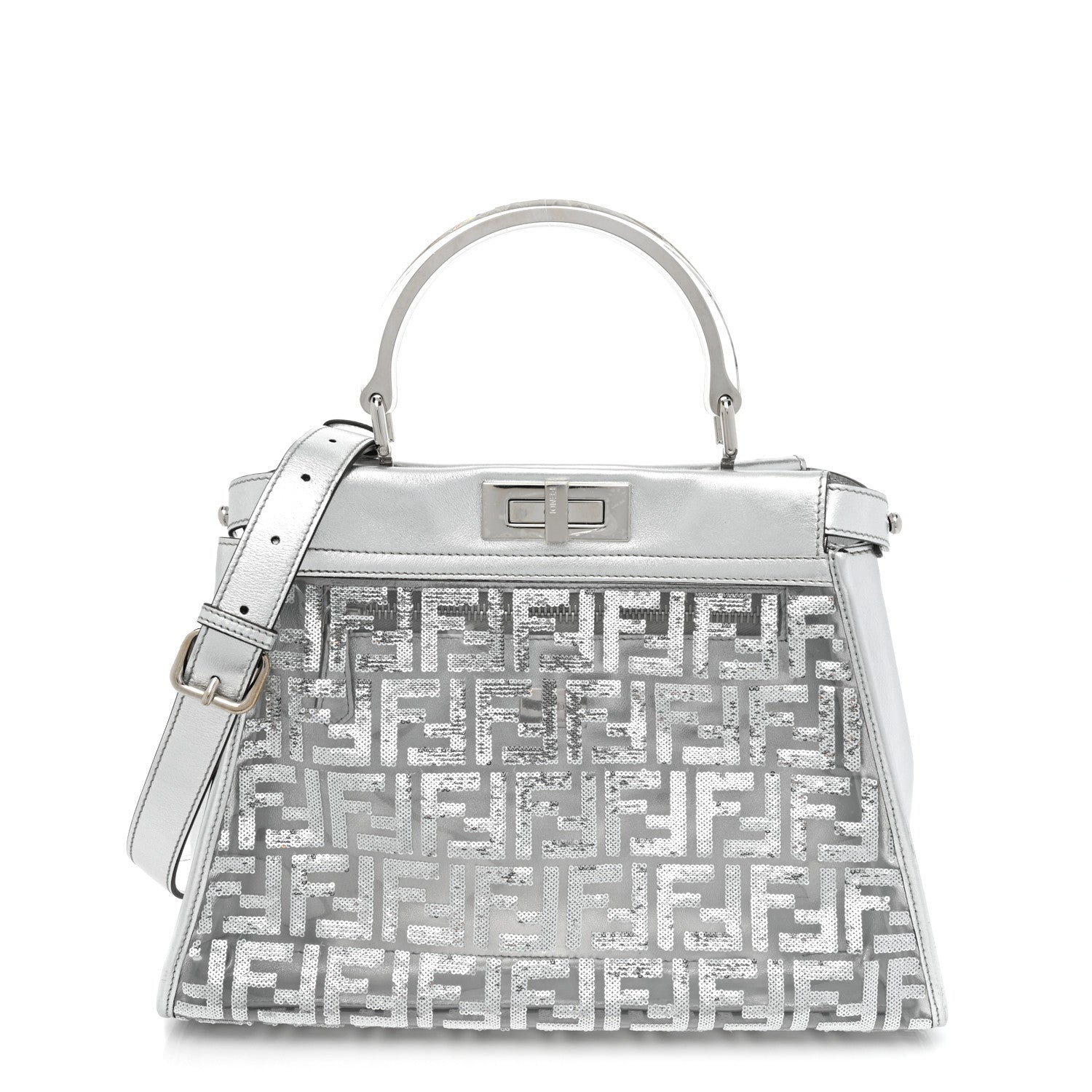 Fendi PVC Vitello Catalan Mirror Sequin FF Medium Peekaboo Iconic Satchel Argento 1 of 12