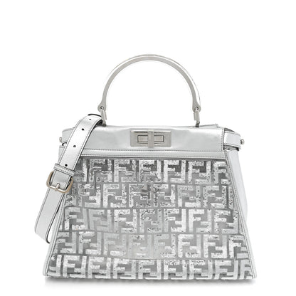 Fendi PVC Vitello Catalan Mirror Sequin FF Medium Peekaboo Iconic Satchel Argento 1 of 12