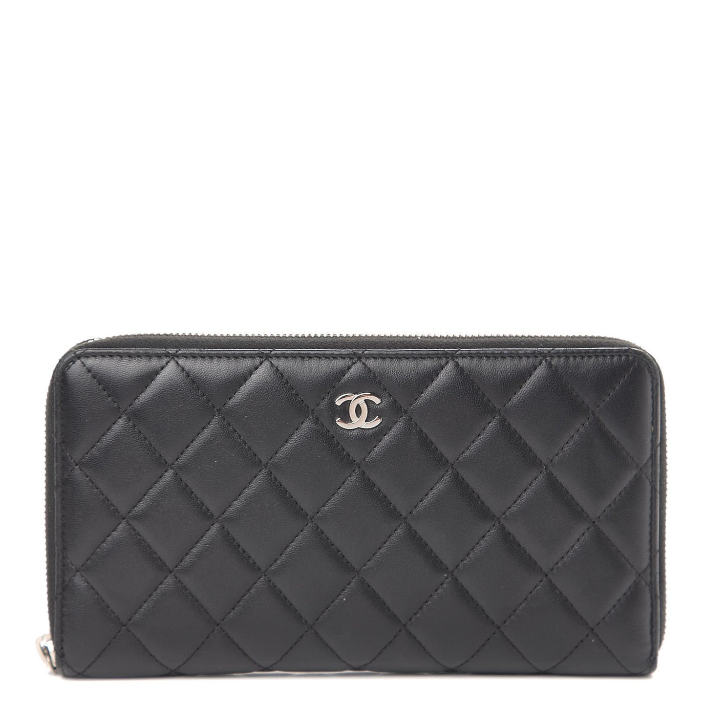 Lambskin Quilted Large Zip Around Organizer Wallet Black