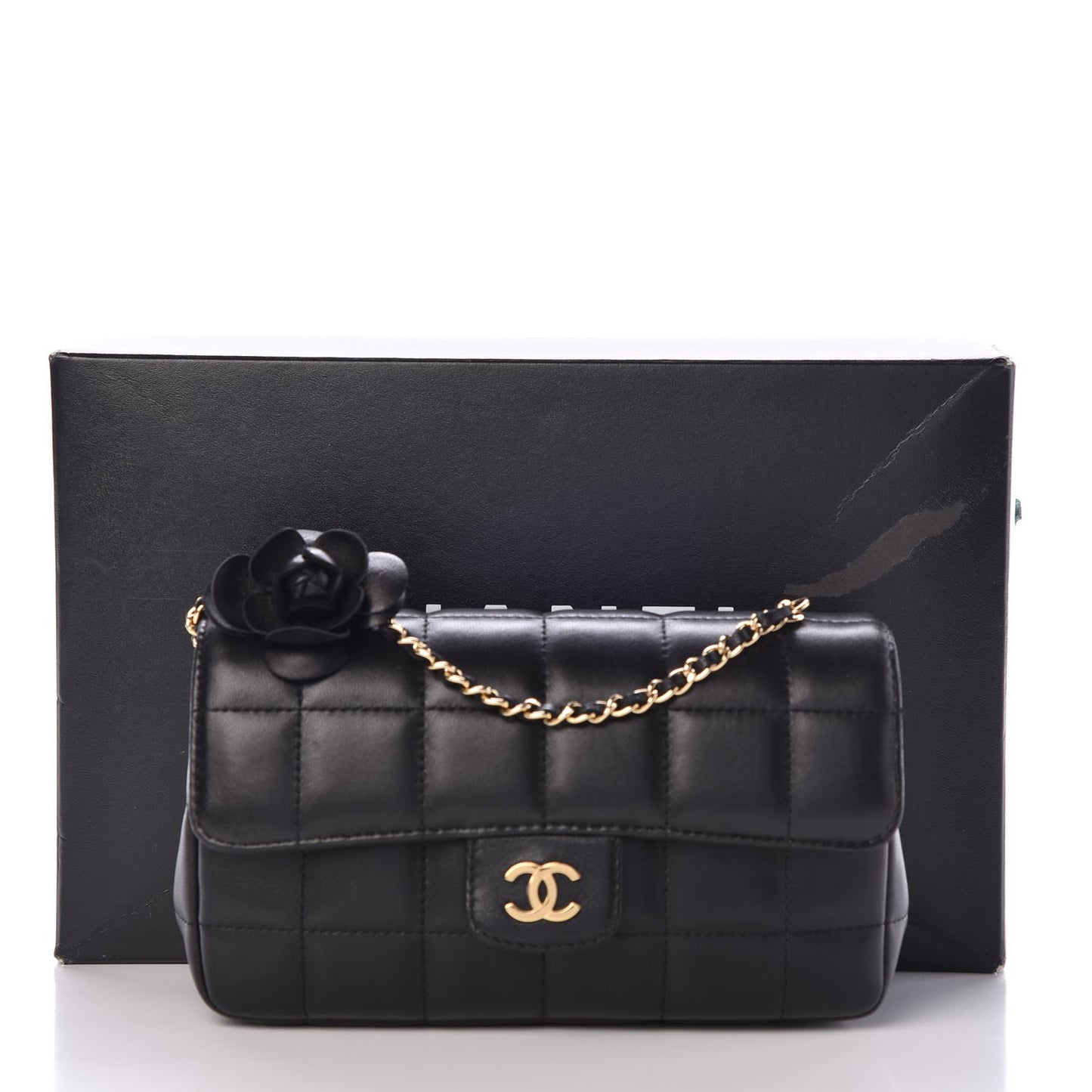 Lambskin Quilted Mini Chocolate Bar Camellia Flap Black