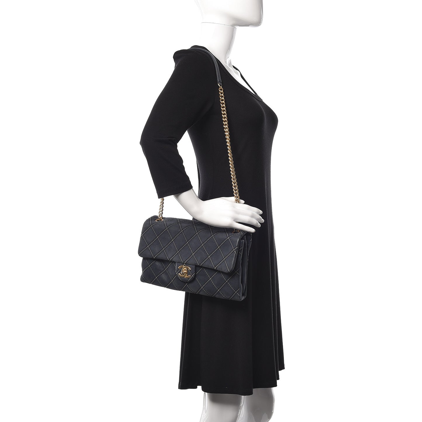 Calfskin Triple Stitched Medium Flap Navy