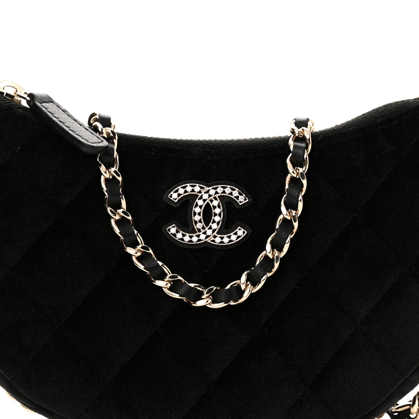Velvet Crystal Quilted Chain Hobo Black