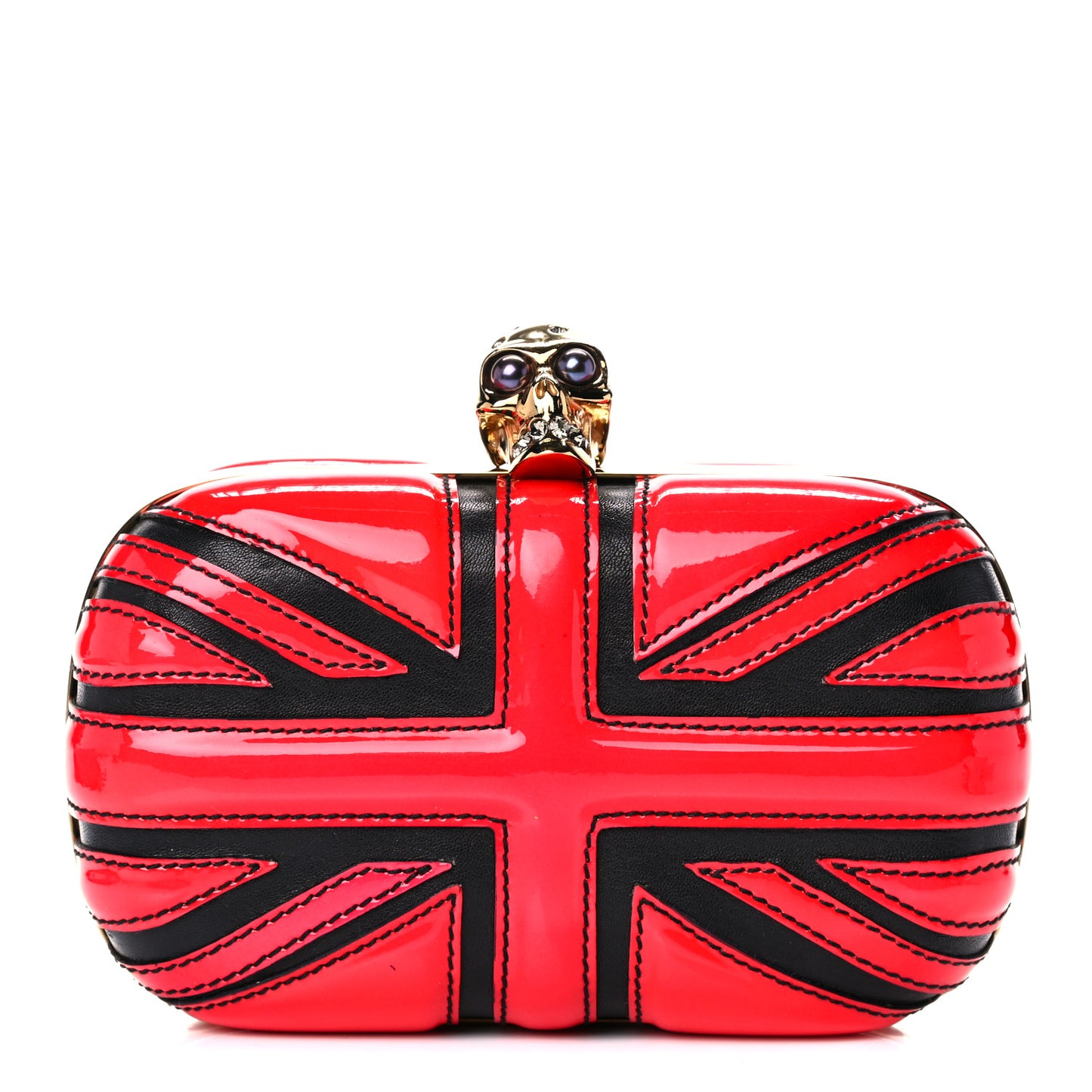 Patent Calfskin Britannia Skull Box Clutch Red Black