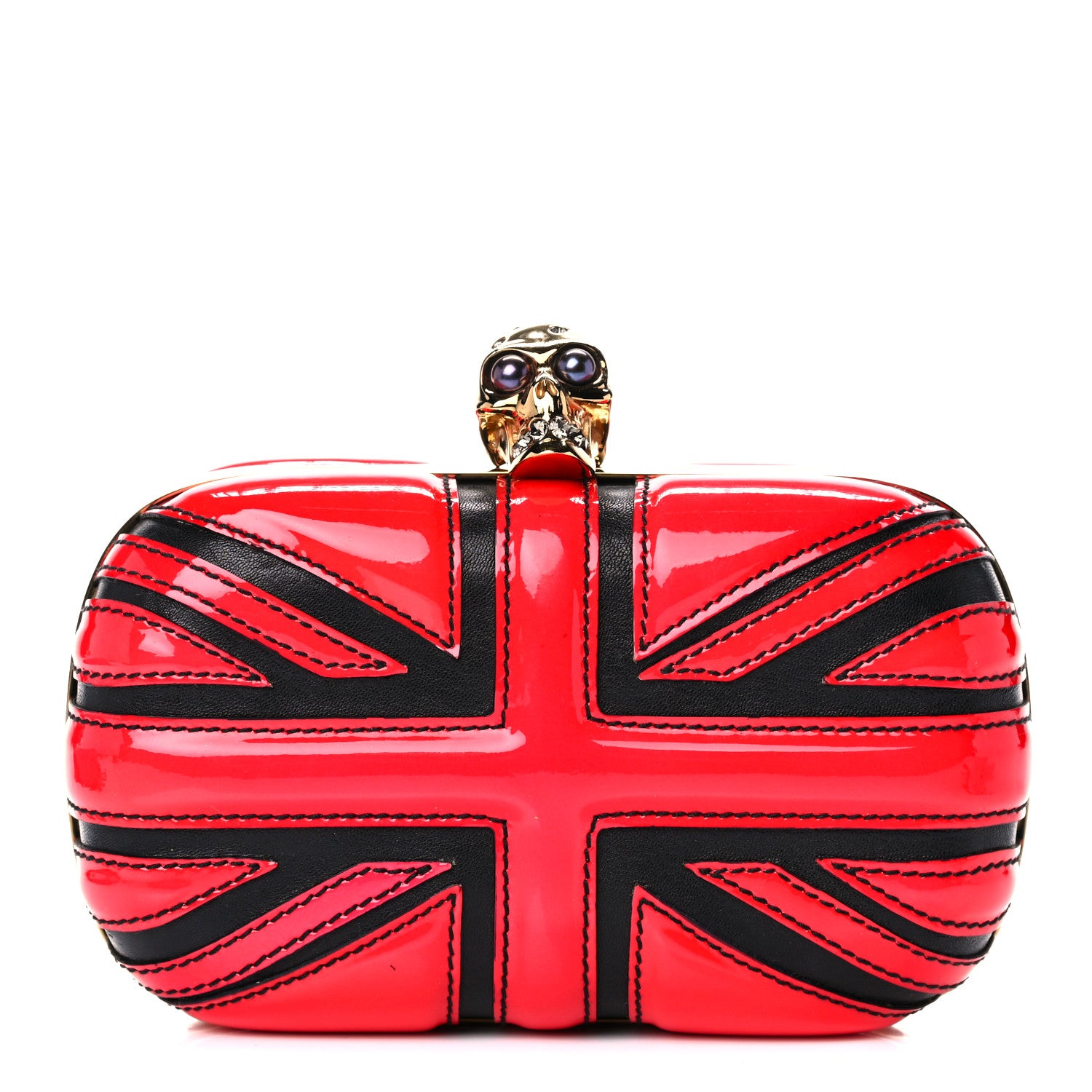 Alexander McQueen Patent Calfskin Britannia Skull Box Clutch Red Black 1 of 18