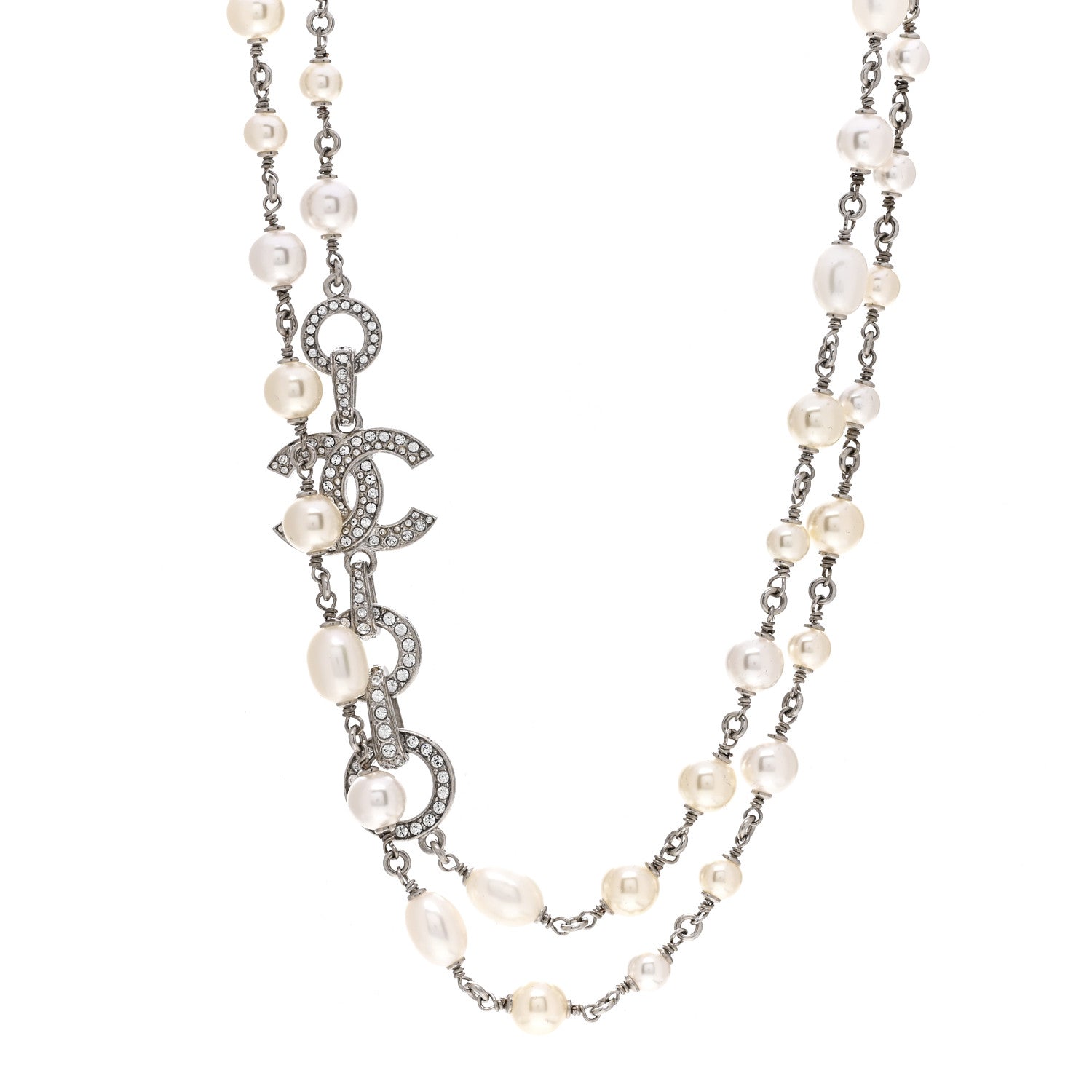 Chanel Crystal Pearl CC Long Necklace Silver 1 of 3