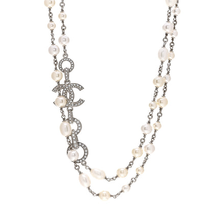 Chanel Crystal Pearl CC Long Necklace Silver 1 of 3