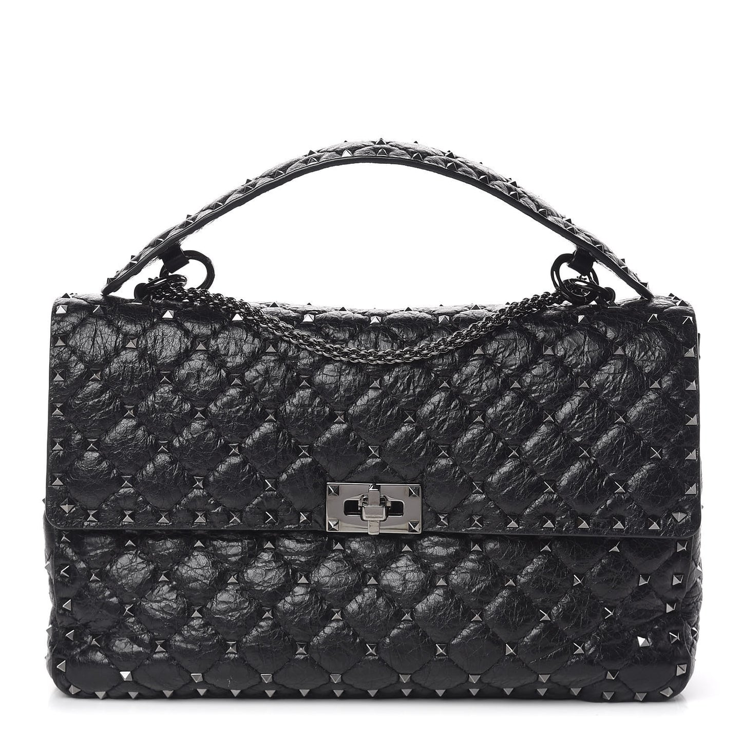 Craquele Nappa Large Rockstud Spike Shoulder Bag Black