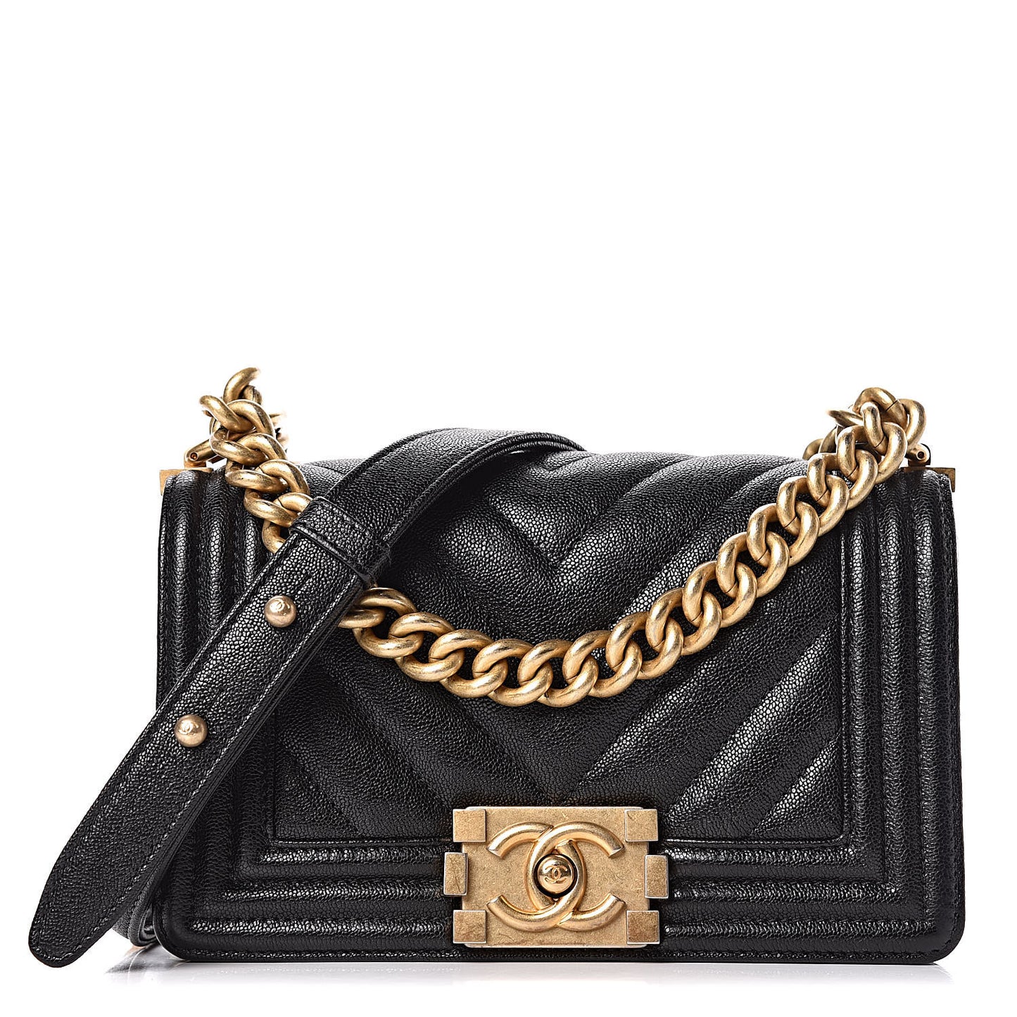Caviar Chevron Quilted Small Boy Flap Black