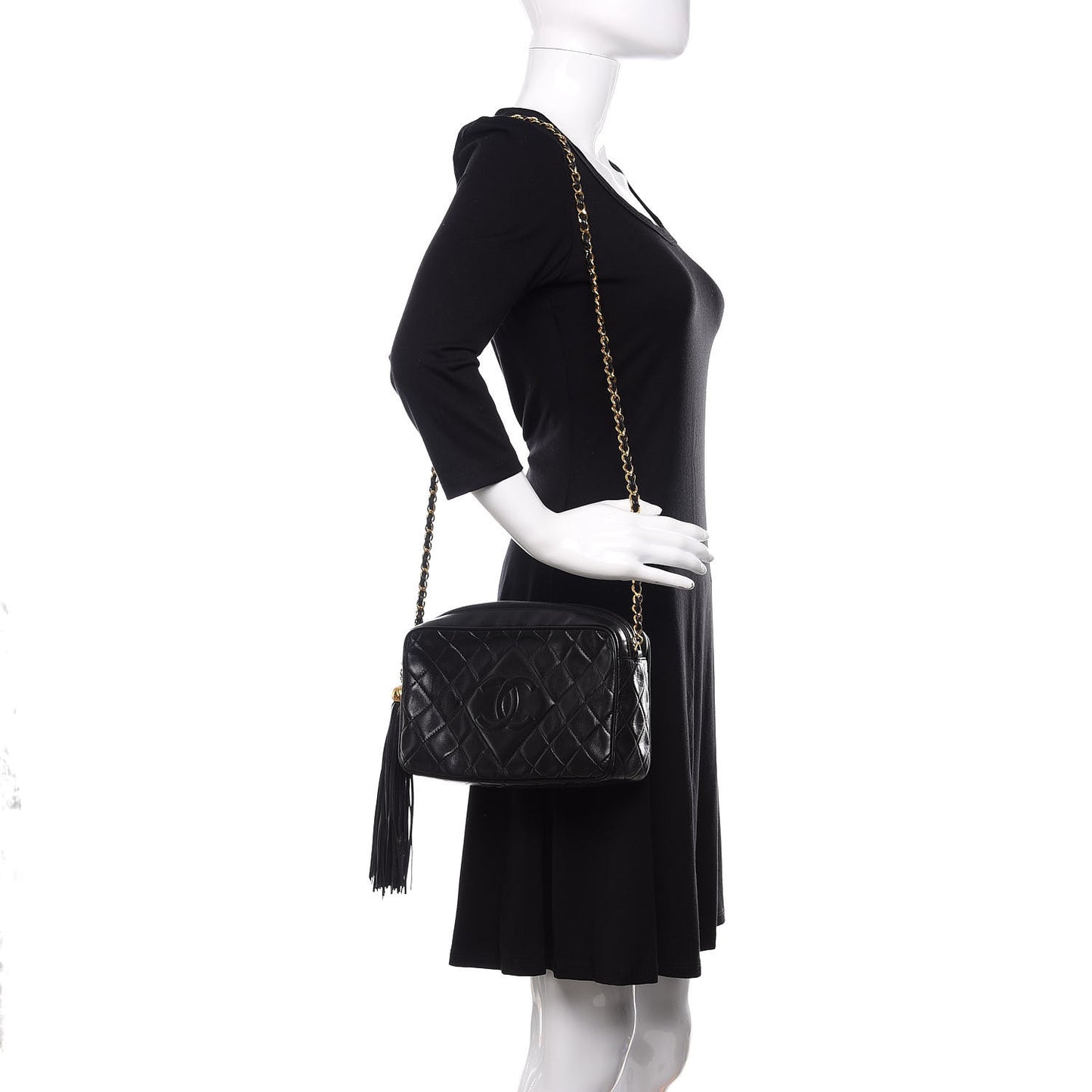 Lambskin Quilted Tassel Camera Case Black